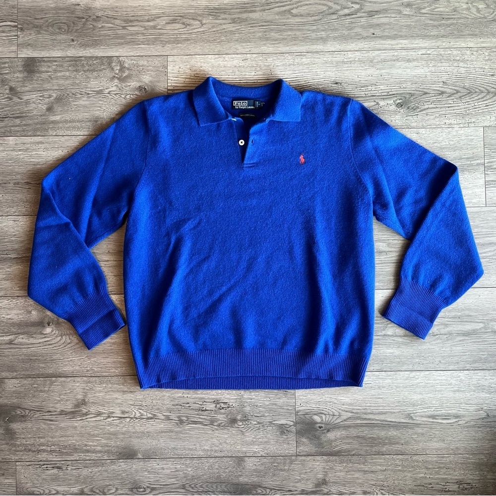 Polo by Ralph Lauren Vintage Men’s Collared Sweater 100% Lambs Wool XXL Blue